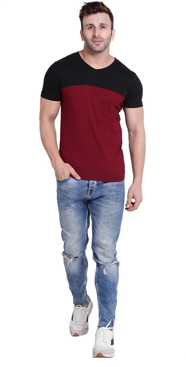 Maroon_&_Black_Cotton_Blend_Short_Sleeve_Colorblock_V_Neck_Regular_T-Shirt_For_Men