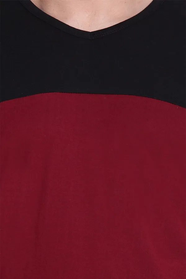 Maroon_&_Black_Cotton_Blend_Short_Sleeve_Colorblock_V_Neck_Regular_T-Shirt_For_Men
