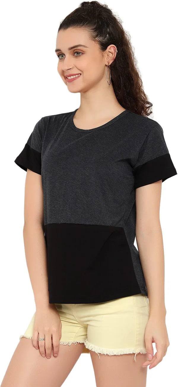 Grey_Pure_Cotton_Short_Sleeve_Self_Design_Round_Neck_Regular_T-Shirt_For_Women