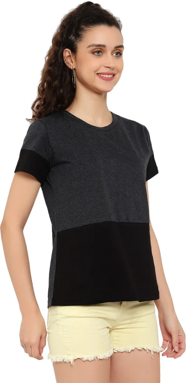 Grey_Pure_Cotton_Short_Sleeve_Self_Design_Round_Neck_Regular_T-Shirt_For_Women