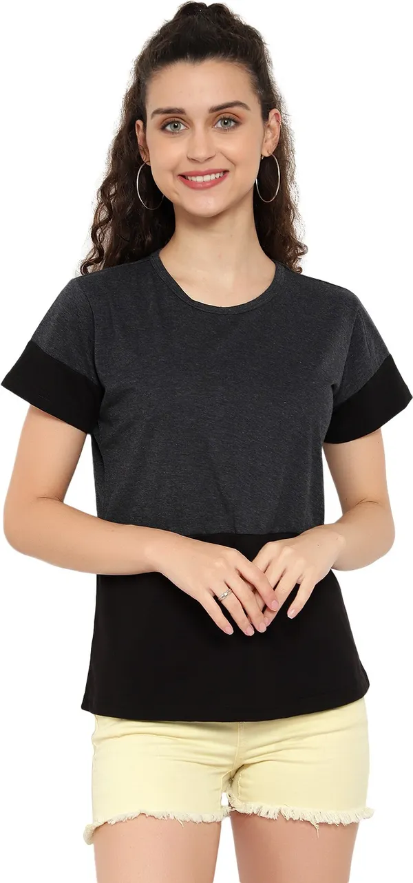 Grey_Pure_Cotton_Short_Sleeve_Self_Design_Round_Neck_Regular_T-Shirt_For_Women