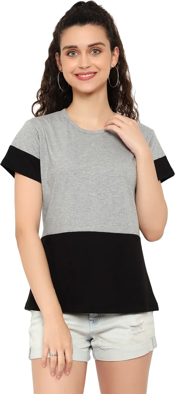 Silver_Pure_Cotton_Short_Sleeve_Colorblock_Round_Neck_Regular_T-Shirt_For_Women