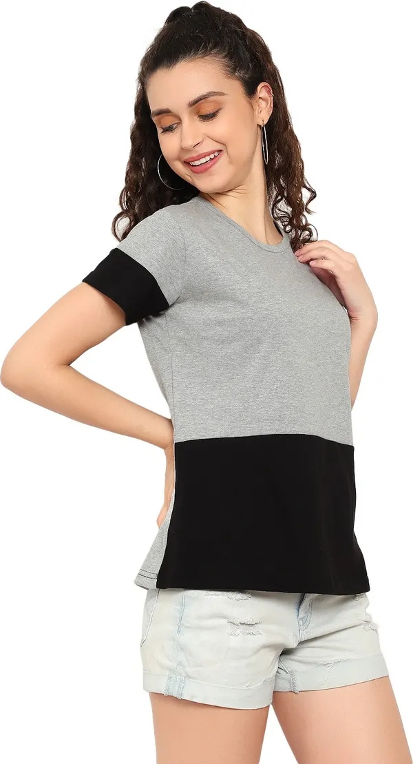 Silver_Pure_Cotton_Short_Sleeve_Colorblock_Round_Neck_Regular_T-Shirt_For_Women