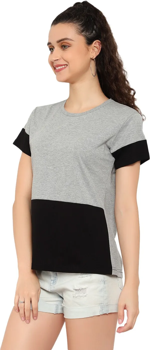 Silver_Pure_Cotton_Short_Sleeve_Colorblock_Round_Neck_Regular_T-Shirt_For_Women