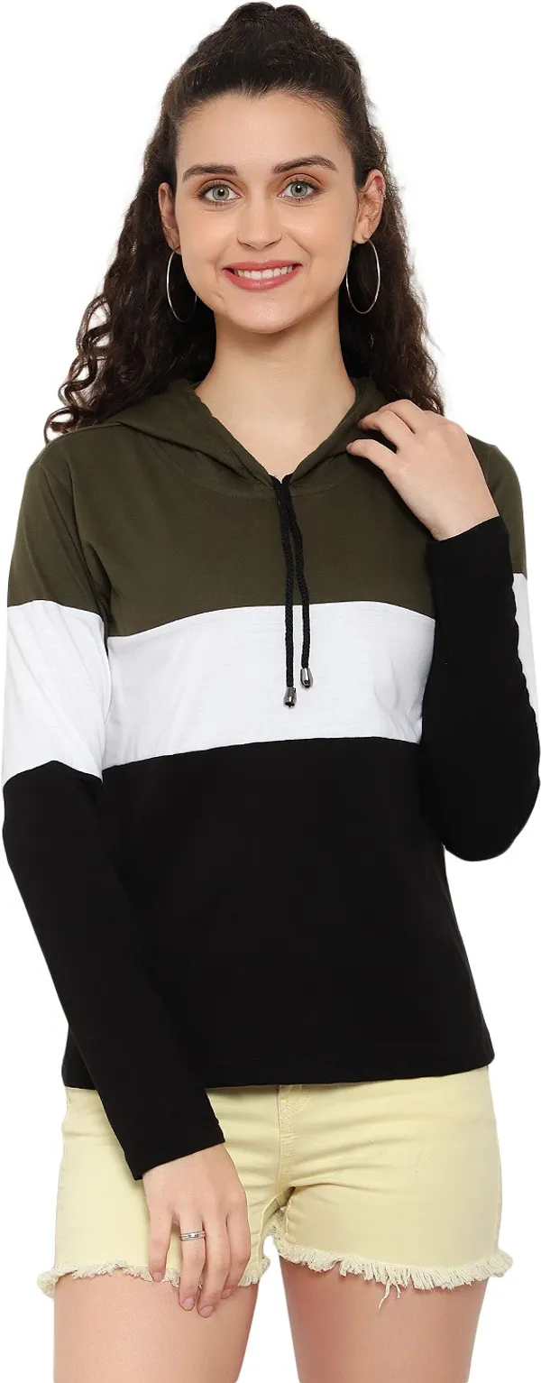 Dark_Green_Pure_Cotton_Full_Sleeve_Colorblock_Hooded_Neck_Regular_T-Shirt_For_Women