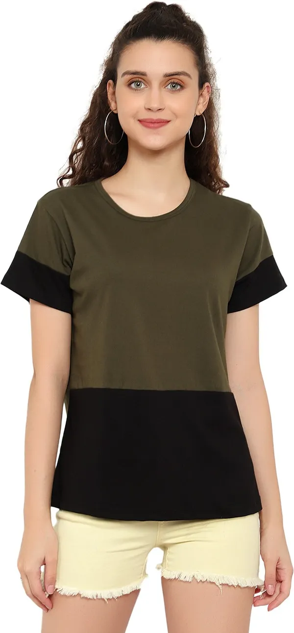 Dark_Green_Pure_Cotton_Short_Sleeve_Colorblock_Round_Neck_Regular_T-Shirt_For_Women