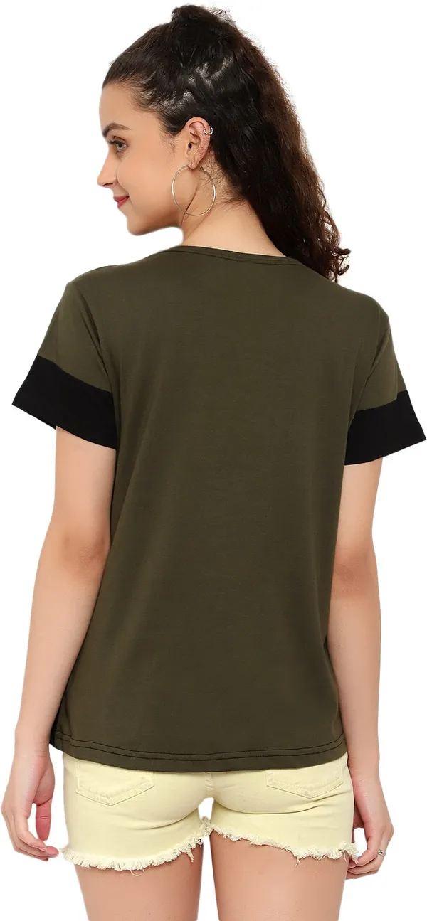 Dark_Green_Pure_Cotton_Short_Sleeve_Colorblock_Round_Neck_Regular_T-Shirt_For_Women
