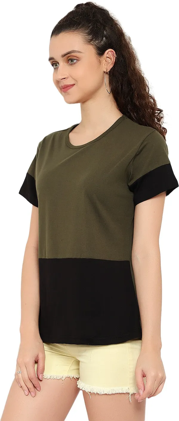 Dark_Green_Pure_Cotton_Short_Sleeve_Colorblock_Round_Neck_Regular_T-Shirt_For_Women