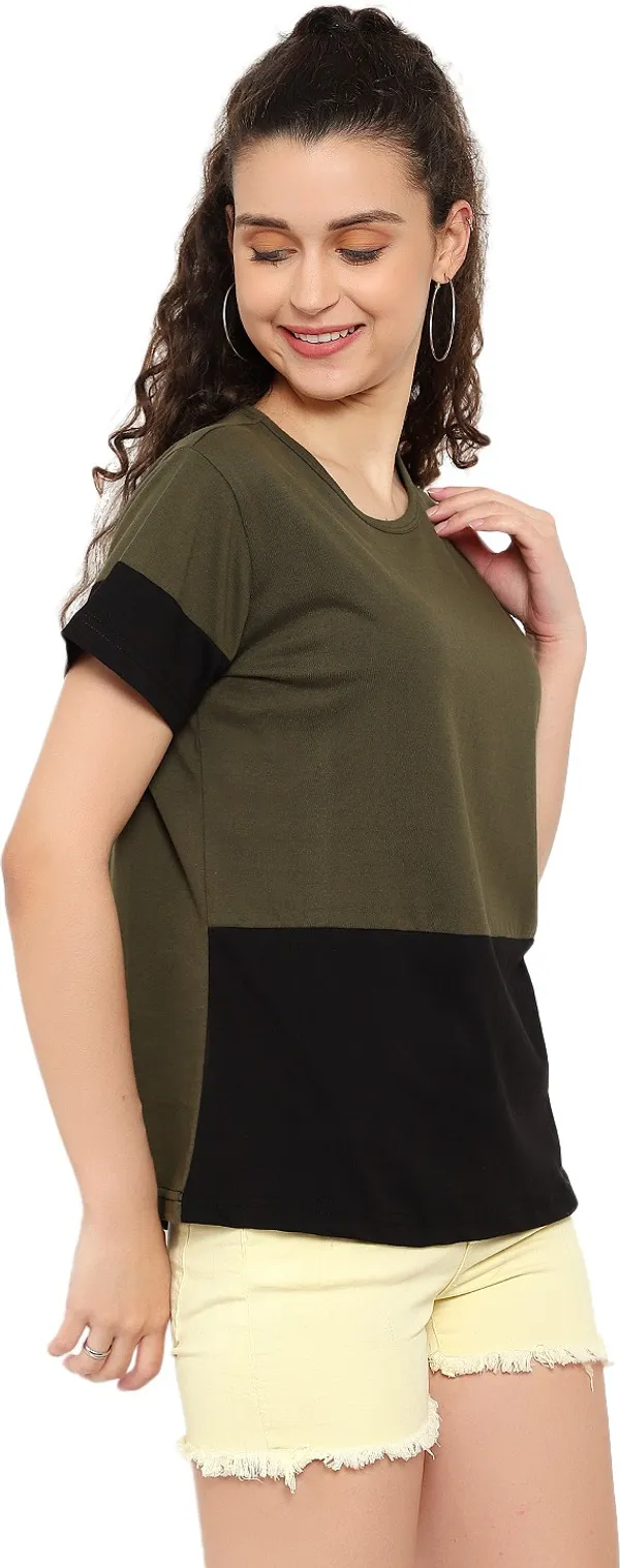 Dark_Green_Pure_Cotton_Short_Sleeve_Colorblock_Round_Neck_Regular_T-Shirt_For_Women