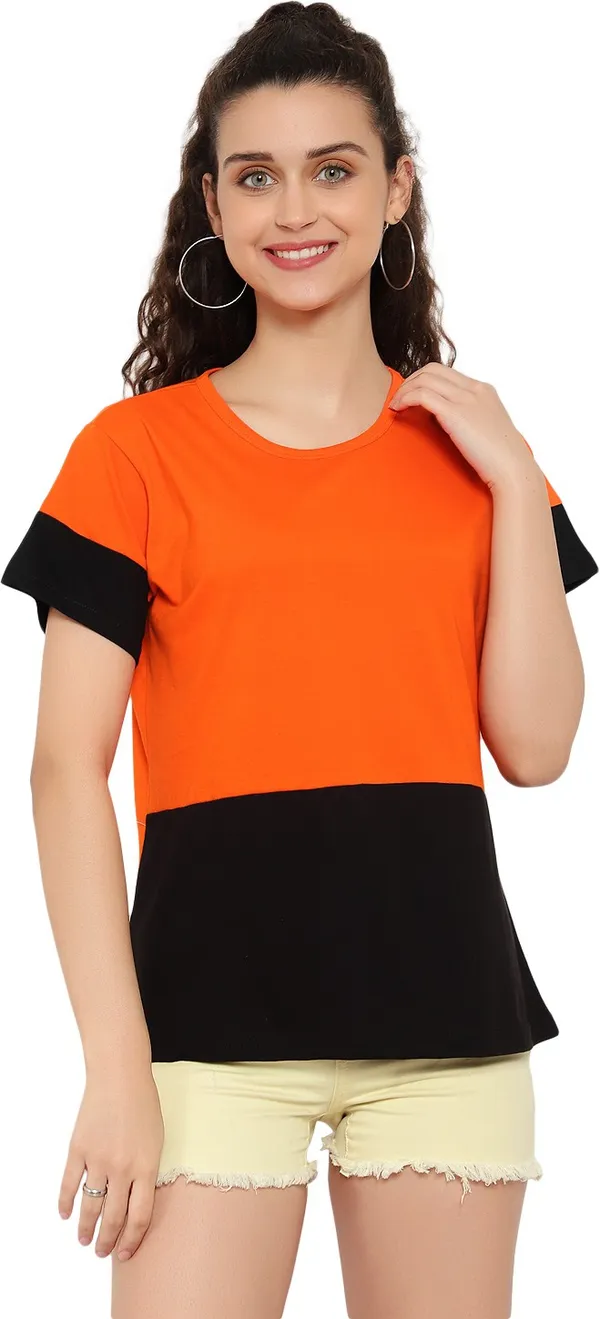Orange_Pure_Cotton_Short_Sleeve_Colorblock_Round_Neck_Regular_T-Shirt_For_Women
