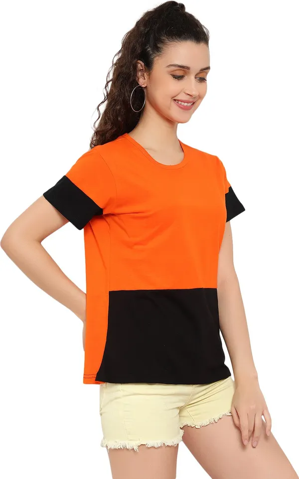 Orange_Pure_Cotton_Short_Sleeve_Colorblock_Round_Neck_Regular_T-Shirt_For_Women