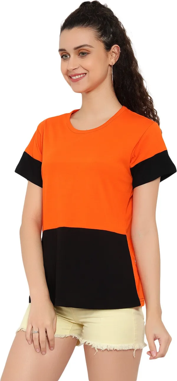 Orange_Pure_Cotton_Short_Sleeve_Colorblock_Round_Neck_Regular_T-Shirt_For_Women