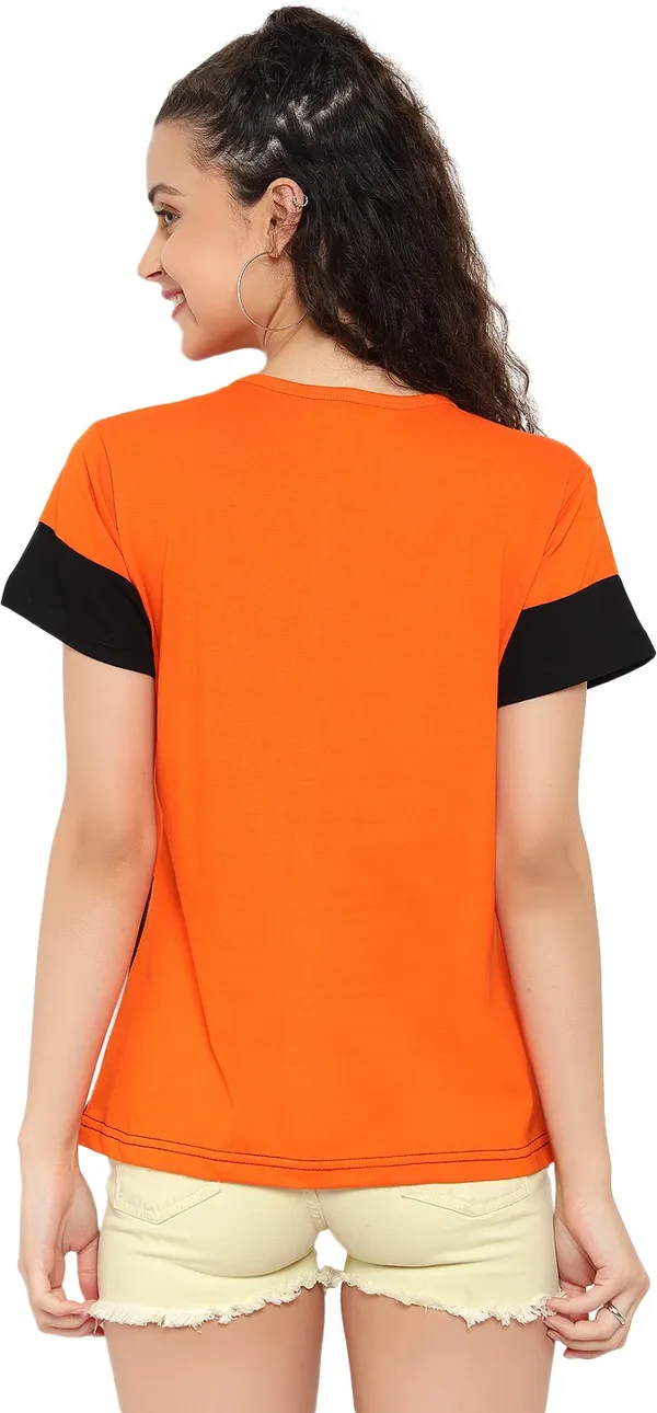 Orange_Pure_Cotton_Short_Sleeve_Colorblock_Round_Neck_Regular_T-Shirt_For_Women