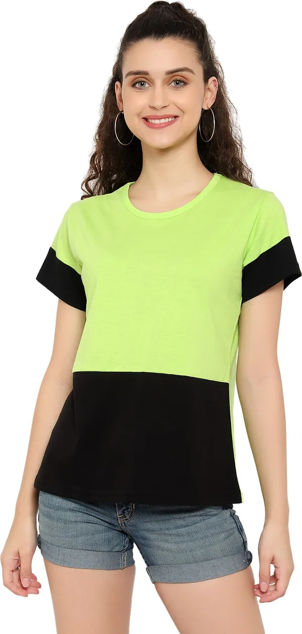 Light_Green_Pure_Cotton_Short_Sleeve_Colorblock_Round_Neck_Regular_T-Shirt_For_Women