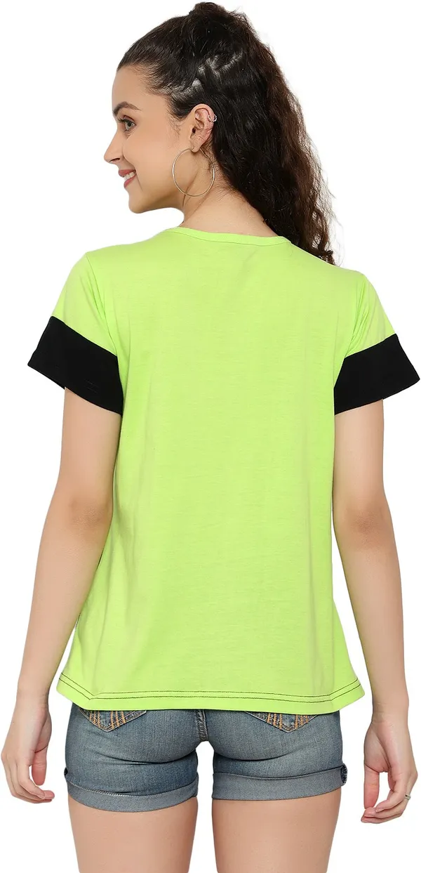 Light_Green_Pure_Cotton_Short_Sleeve_Colorblock_Round_Neck_Regular_T-Shirt_For_Women