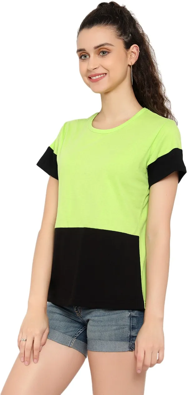 Light_Green_Pure_Cotton_Short_Sleeve_Colorblock_Round_Neck_Regular_T-Shirt_For_Women