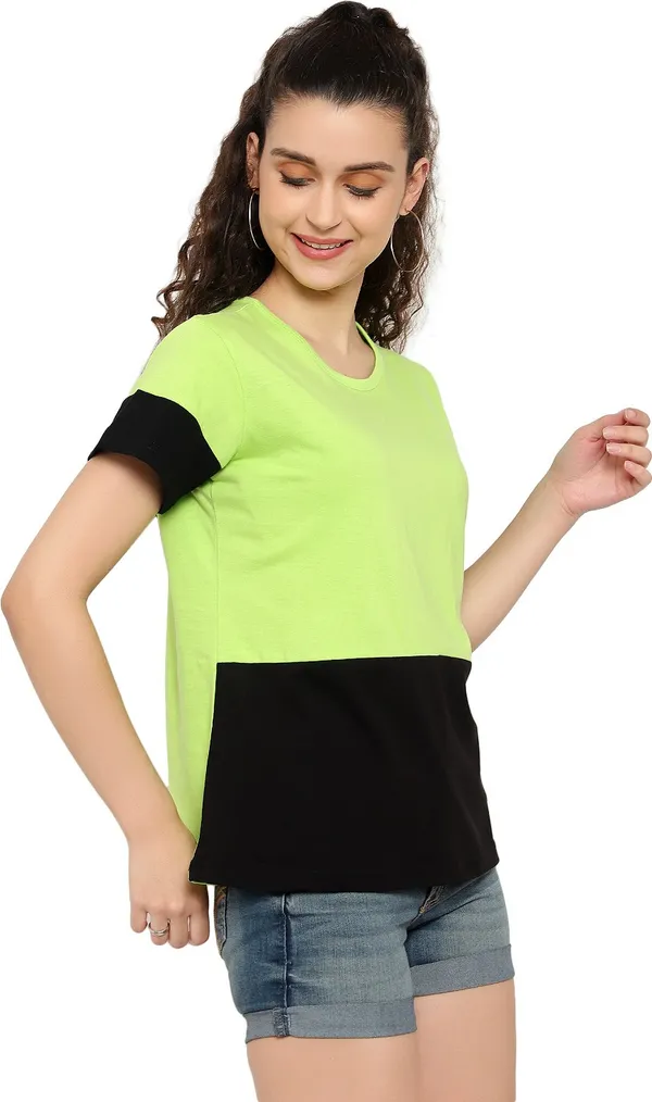 Light_Green_Pure_Cotton_Short_Sleeve_Colorblock_Round_Neck_Regular_T-Shirt_For_Women