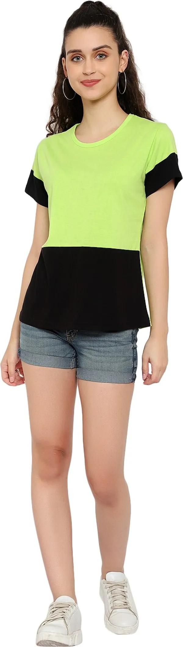 Light_Green_Pure_Cotton_Short_Sleeve_Colorblock_Round_Neck_Regular_T-Shirt_For_Women