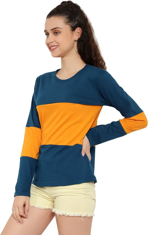 Blue_&_Yellow_Pure_Cotton_Full_Sleeve_Colorblock_Round_Neck_Regular_T-Shirt_For_Women