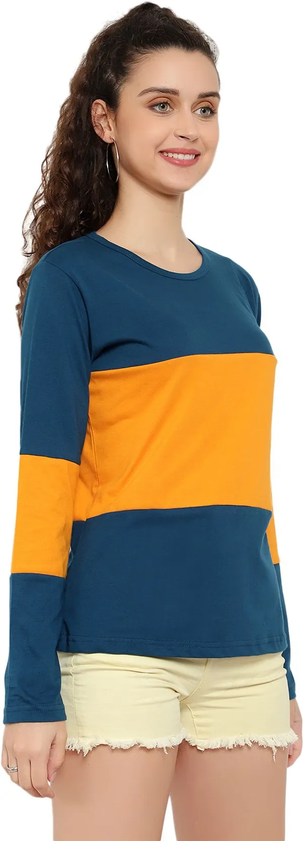 Blue_&_Yellow_Pure_Cotton_Full_Sleeve_Colorblock_Round_Neck_Regular_T-Shirt_For_Women