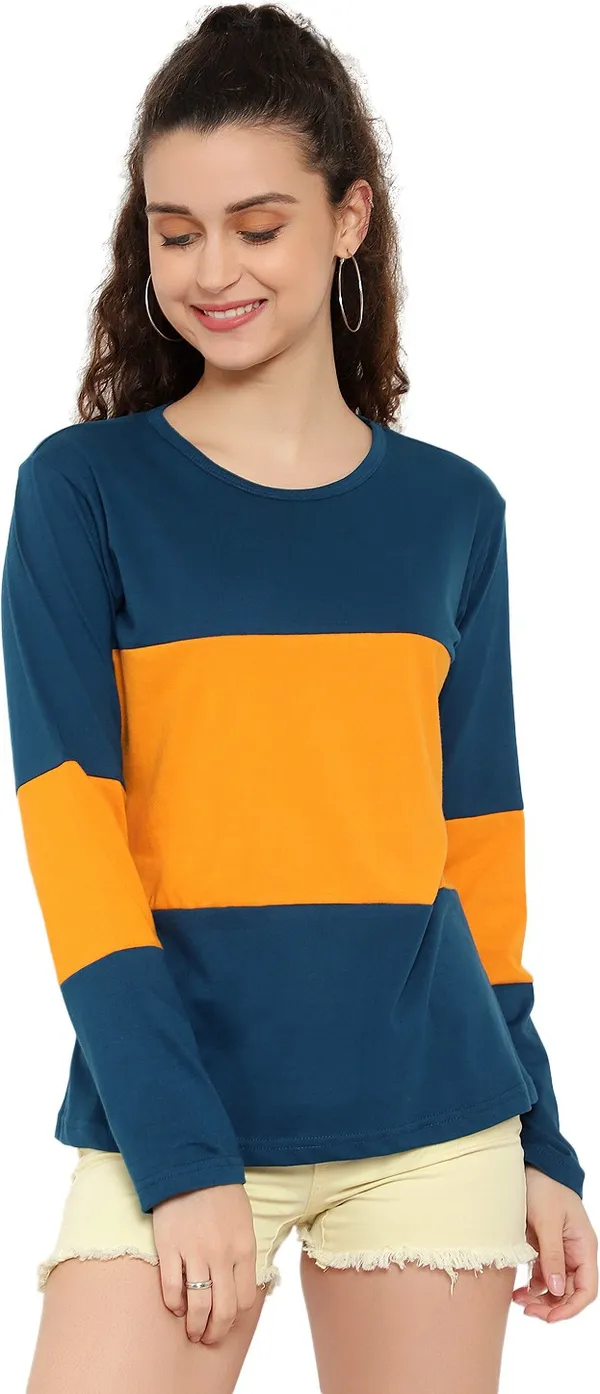 Blue_&_Yellow_Pure_Cotton_Full_Sleeve_Colorblock_Round_Neck_Regular_T-Shirt_For_Women