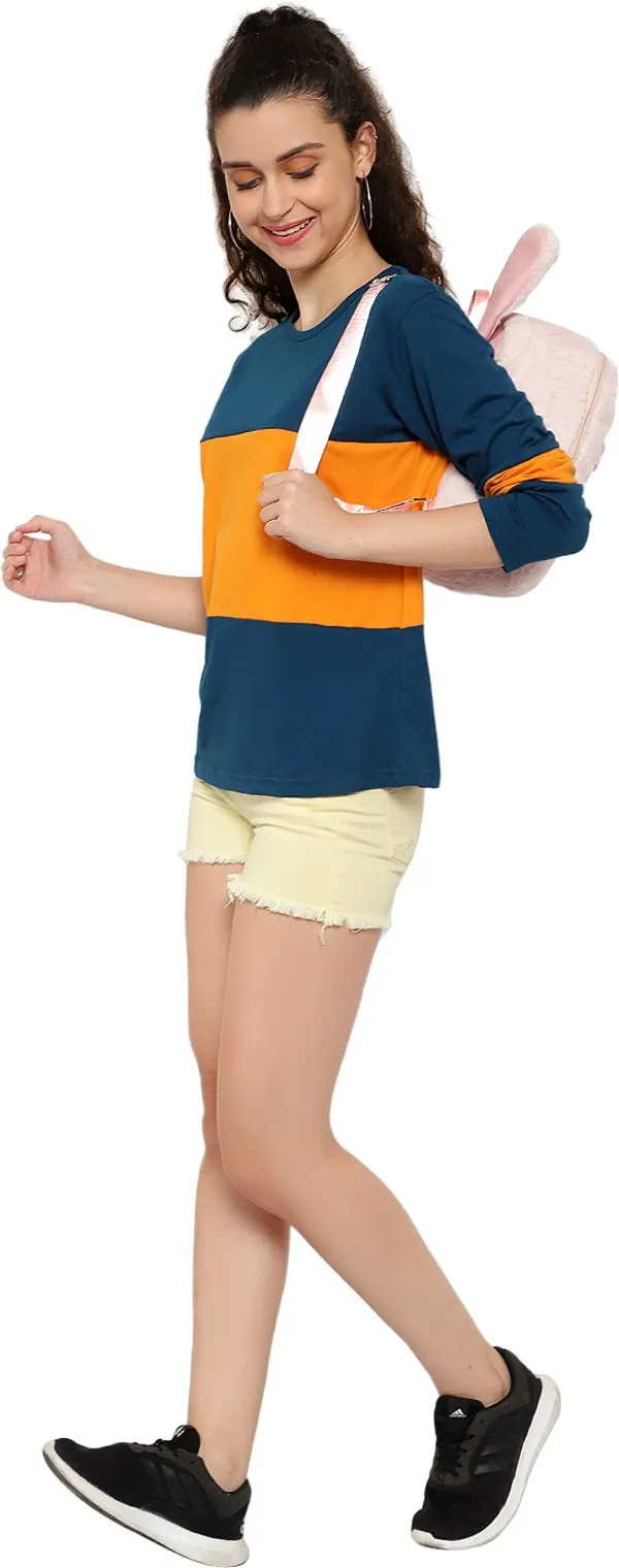 Blue_&_Yellow_Pure_Cotton_Full_Sleeve_Colorblock_Round_Neck_Regular_T-Shirt_For_Women