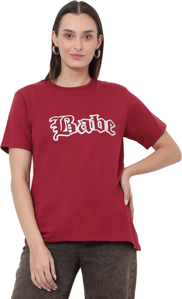 Maroon_Cotton_Blend_Half_Sleeve_Printed_Round_Neck_Regular_T-Shirt_For_Women