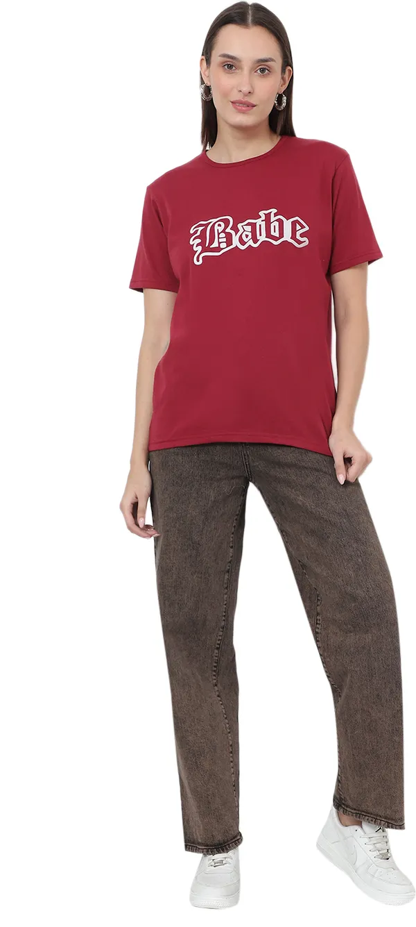 Maroon_Cotton_Blend_Half_Sleeve_Printed_Round_Neck_Regular_T-Shirt_For_Women