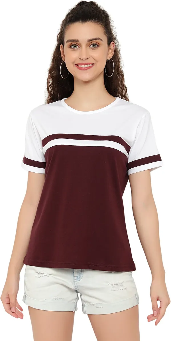White_&_Maroon_Pure_Cotton_Short_Sleeve_Colorblock_Round_Neck_Regular_T-Shirt_For_Women