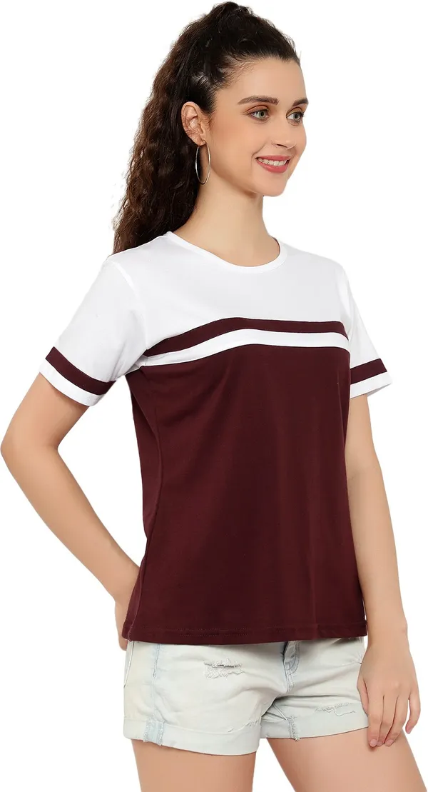 White_&_Maroon_Pure_Cotton_Short_Sleeve_Colorblock_Round_Neck_Regular_T-Shirt_For_Women