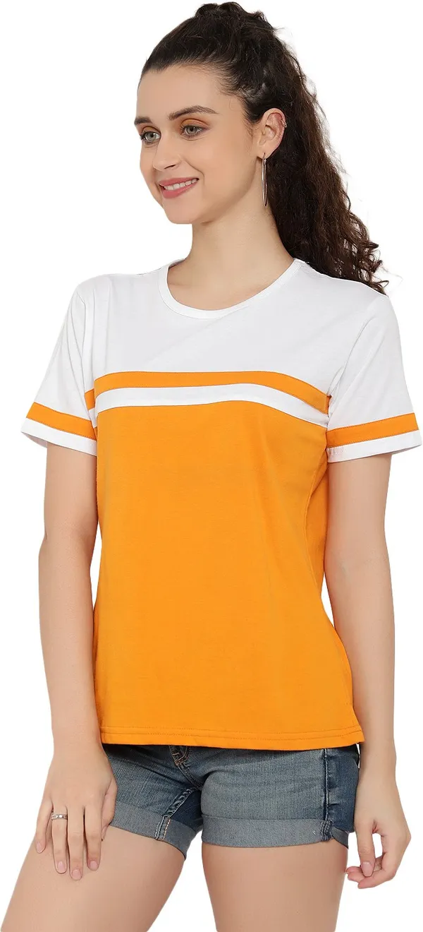 Yellow_Pure_Cotton_Short_Sleeve_Self_Design_Round_Neck_Regular_T-Shirt_For_Women