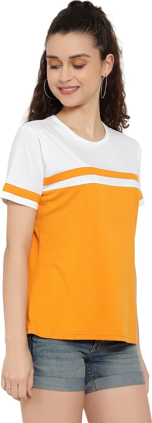 Yellow_Pure_Cotton_Short_Sleeve_Self_Design_Round_Neck_Regular_T-Shirt_For_Women