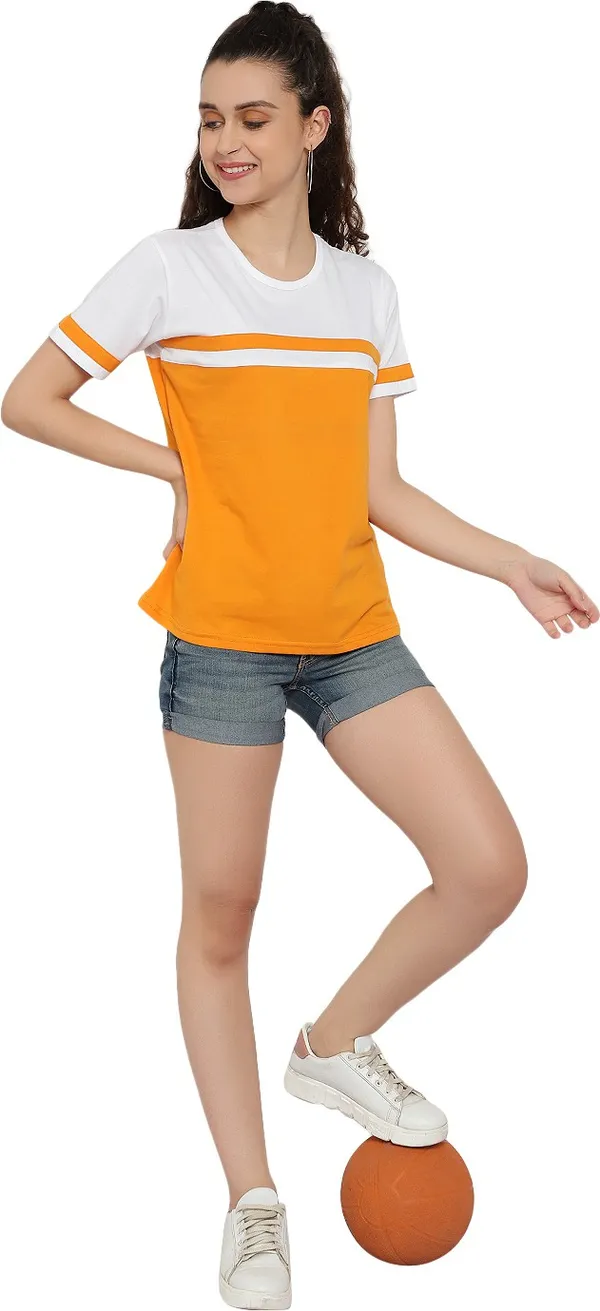 Yellow_Pure_Cotton_Short_Sleeve_Self_Design_Round_Neck_Regular_T-Shirt_For_Women