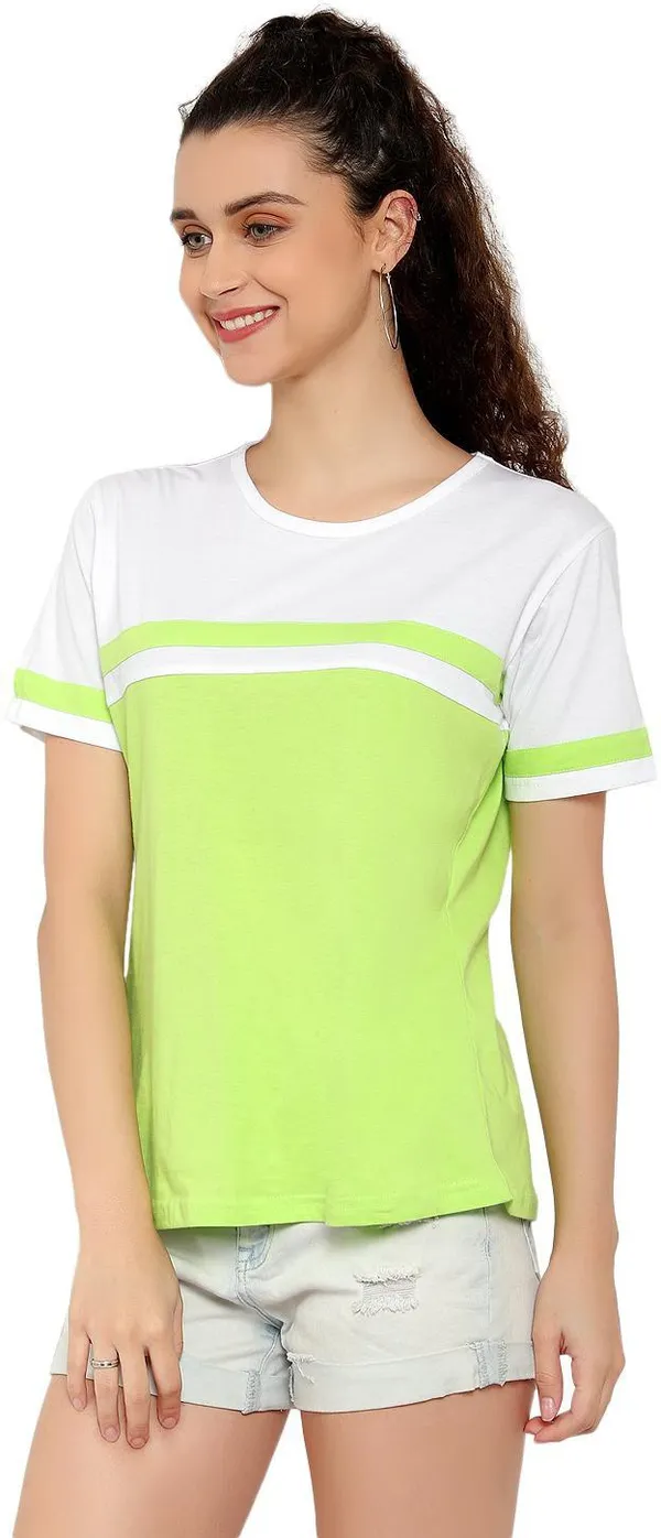 Light_Green_Pure_Cotton_Short_Sleeve_Colorblock_Round_Neck_Regular_T-Shirt_For_Women