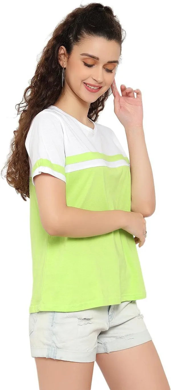 Light_Green_Pure_Cotton_Short_Sleeve_Colorblock_Round_Neck_Regular_T-Shirt_For_Women