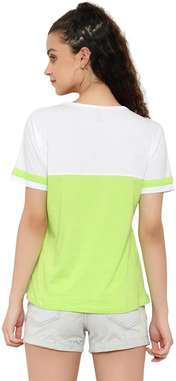 Light_Green_Pure_Cotton_Short_Sleeve_Colorblock_Round_Neck_Regular_T-Shirt_For_Women