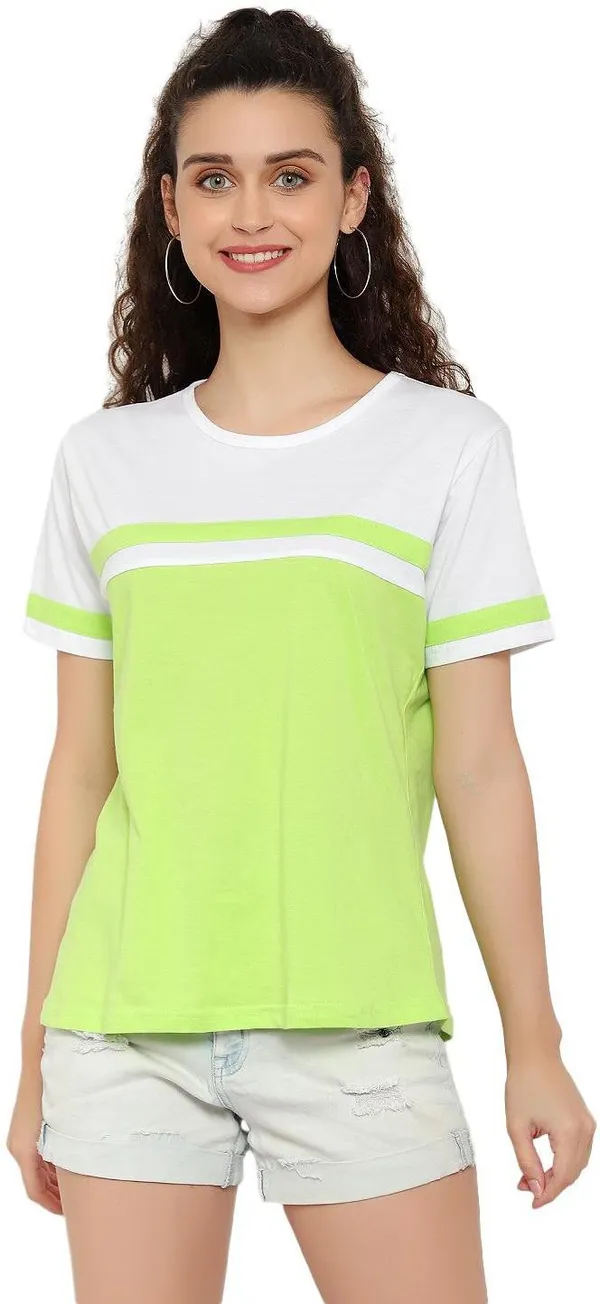 Light_Green_Pure_Cotton_Short_Sleeve_Colorblock_Round_Neck_Regular_T-Shirt_For_Women