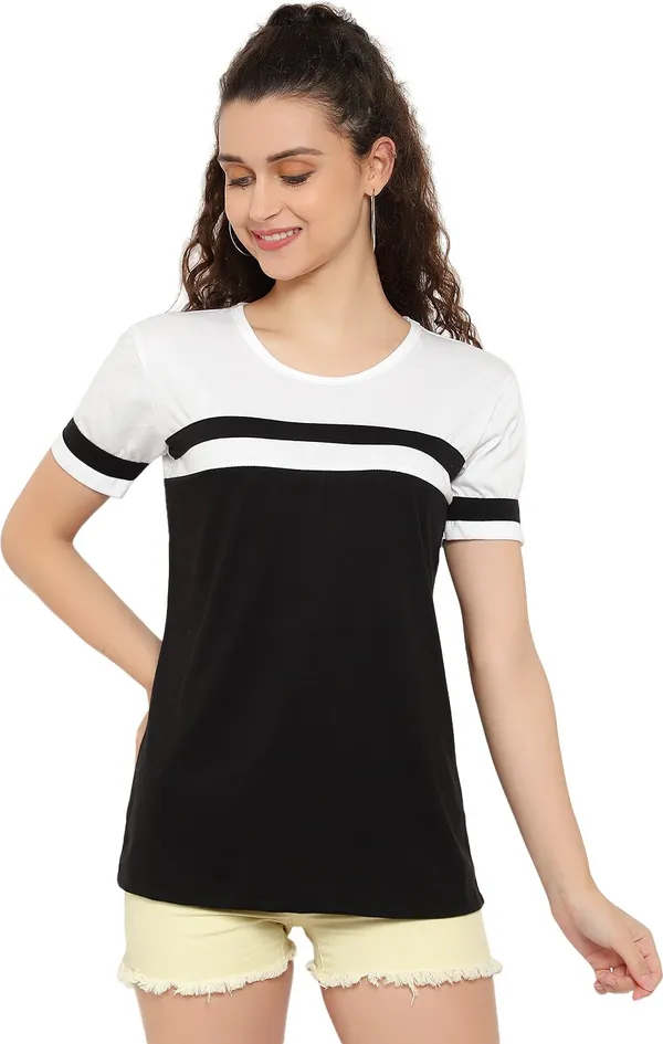 Black_Pure_Cotton_Short_Sleeve_Colorblock_Round_Neck_Regular_T-Shirt_For_Women