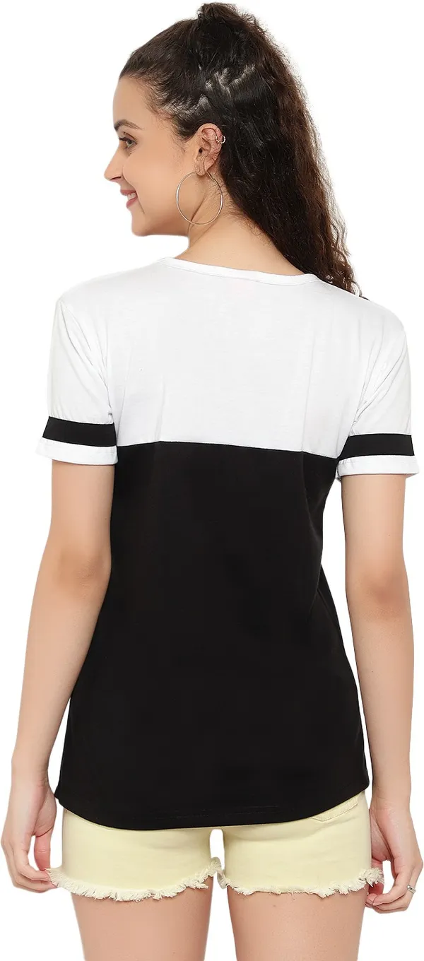 Black_Pure_Cotton_Short_Sleeve_Colorblock_Round_Neck_Regular_T-Shirt_For_Women
