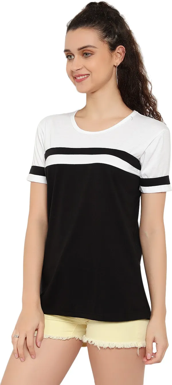 Black_Pure_Cotton_Short_Sleeve_Colorblock_Round_Neck_Regular_T-Shirt_For_Women