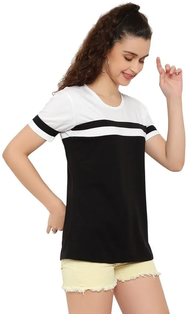 Black_Pure_Cotton_Short_Sleeve_Colorblock_Round_Neck_Regular_T-Shirt_For_Women