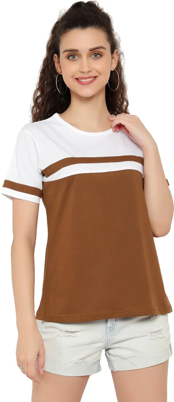 Beige_Pure_Cotton_Short_Sleeve_Colorblock_Round_Neck_Regular_T-Shirt_For_Women