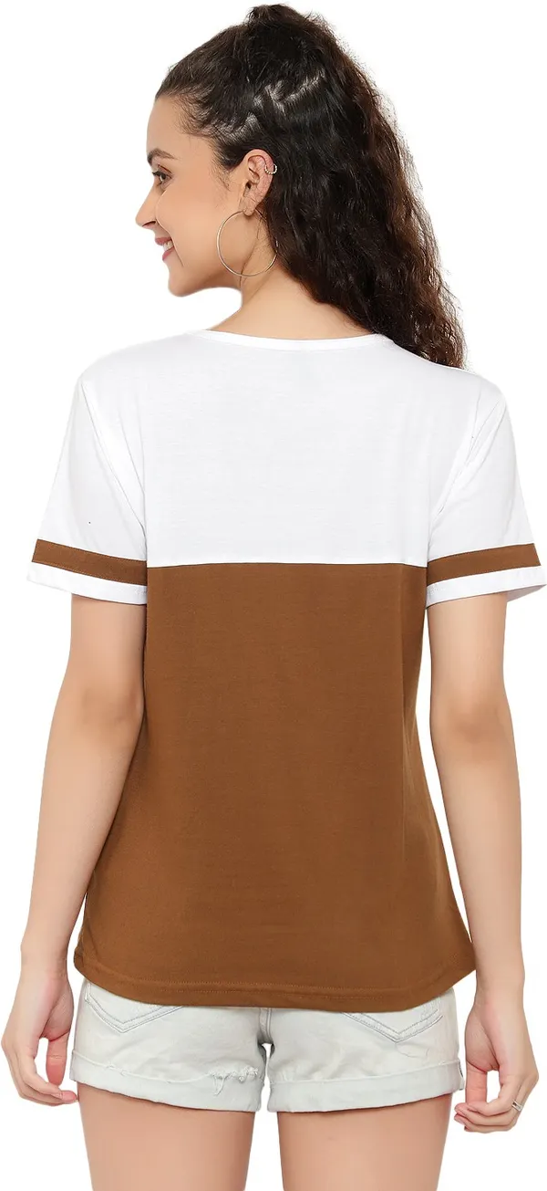 Beige_Pure_Cotton_Short_Sleeve_Colorblock_Round_Neck_Regular_T-Shirt_For_Women