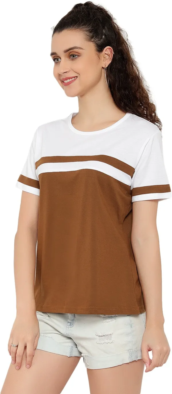 Beige_Pure_Cotton_Short_Sleeve_Colorblock_Round_Neck_Regular_T-Shirt_For_Women