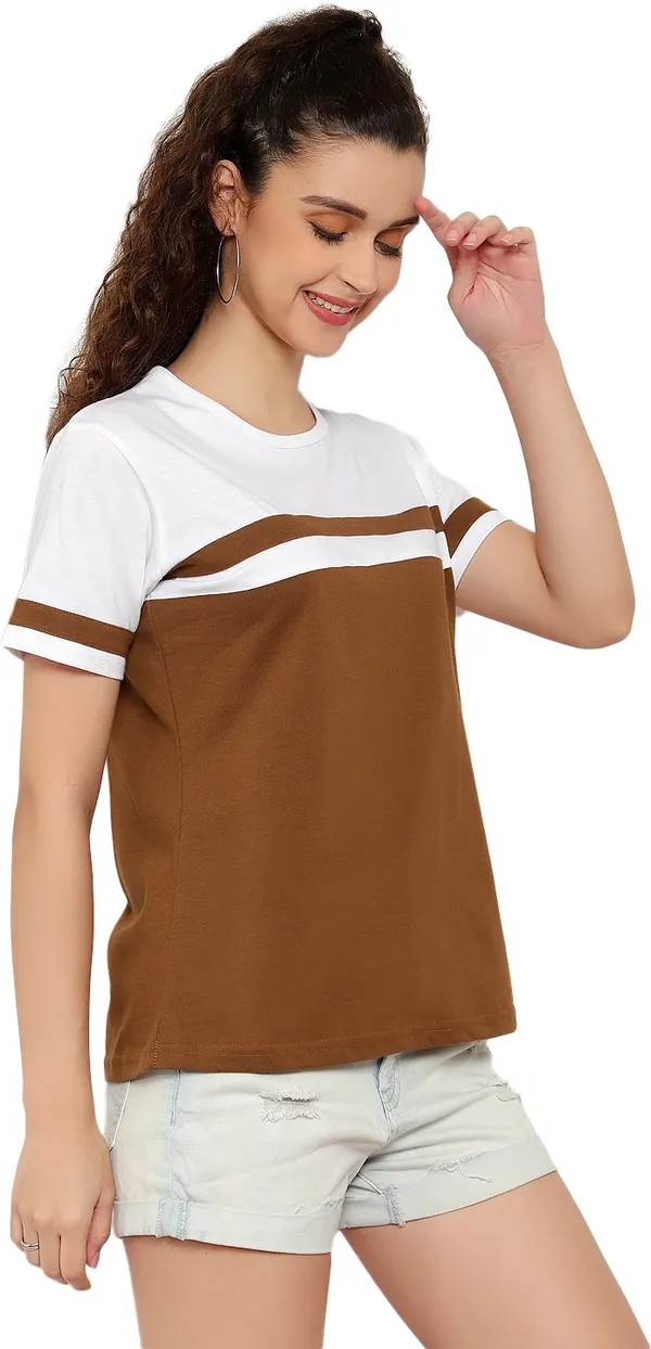 Beige_Pure_Cotton_Short_Sleeve_Colorblock_Round_Neck_Regular_T-Shirt_For_Women