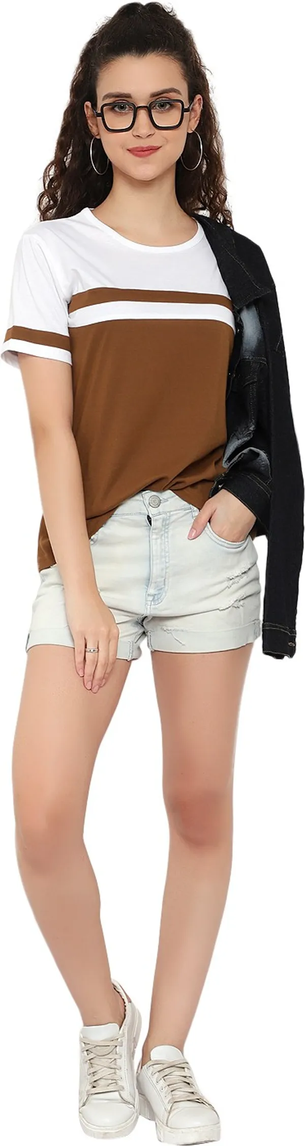Beige_Pure_Cotton_Short_Sleeve_Colorblock_Round_Neck_Regular_T-Shirt_For_Women