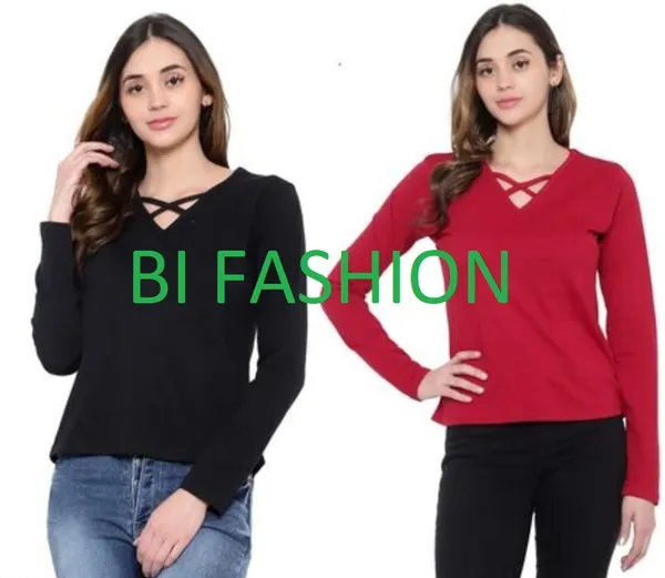 Cotton_Blend_Full_Sleeve_Solid_V_Neck_Regular_T-Shirt_For_Women_(Pack_Of_2)