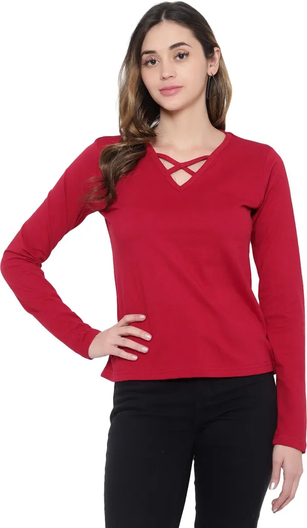 Cotton_Blend_Full_Sleeve_Solid_V_Neck_Regular_T-Shirt_For_Women_(Pack_Of_2)