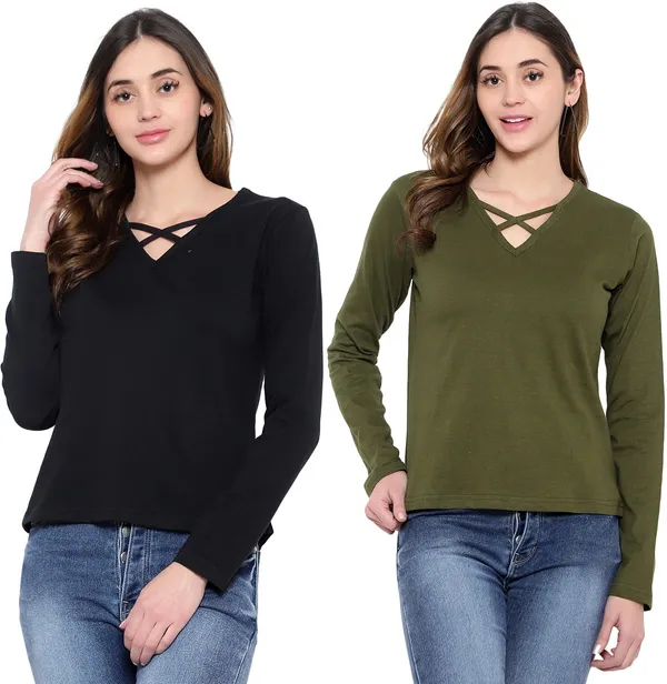 Cotton_Blend_Full_Sleeve_Solid_V_Neck_Regular_T-Shirt_For_Women_(pack_Of_2)