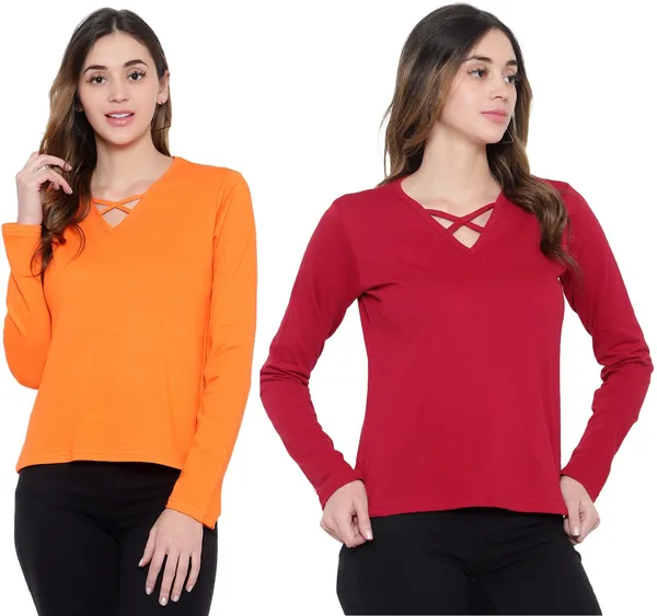 Cotton_Blend_Full_Sleeve_Solid_V_Neck_Regular_T-Shirt_For_Women_(pack_Of_2)